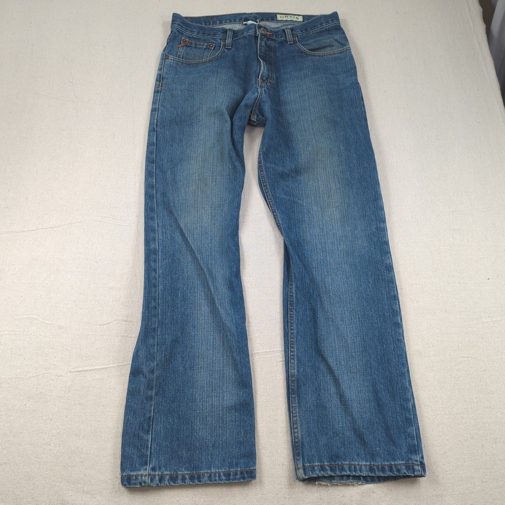 Orvis Jeans Mens 32x30 Blue Straight Leg Denim Made in USA Distressed